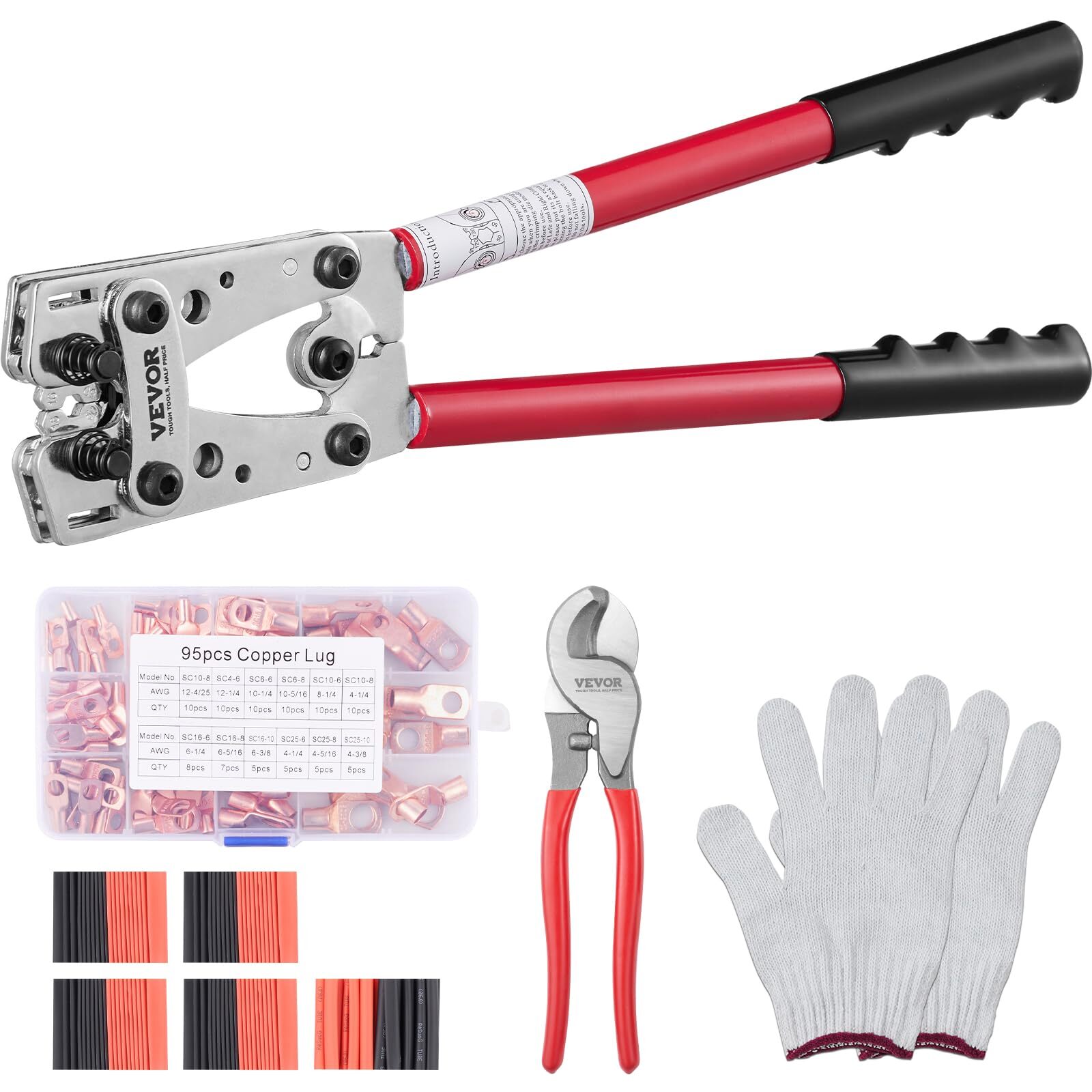 VEVOR 10-1/0AWG Battery Cable Lug Crimper with Cutter and 95PCS Copper Lugs