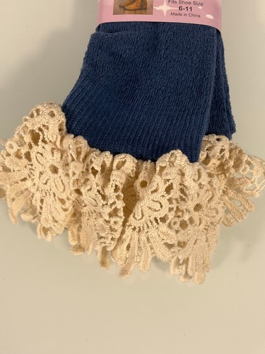 New WinWin Women's Crochet Lace Boot Knee Socks Blue Long Flower Size 6-11 - Picture 3 of 6