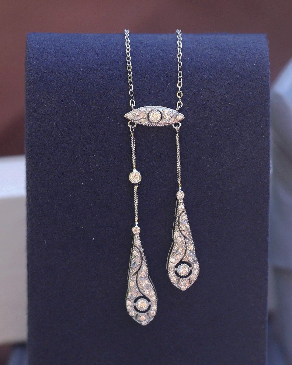 Collier Pendentif Belle Epoque Style 1890s - Goutte Serti CZ Bleu Rhodié, Neuf Sans Emballage