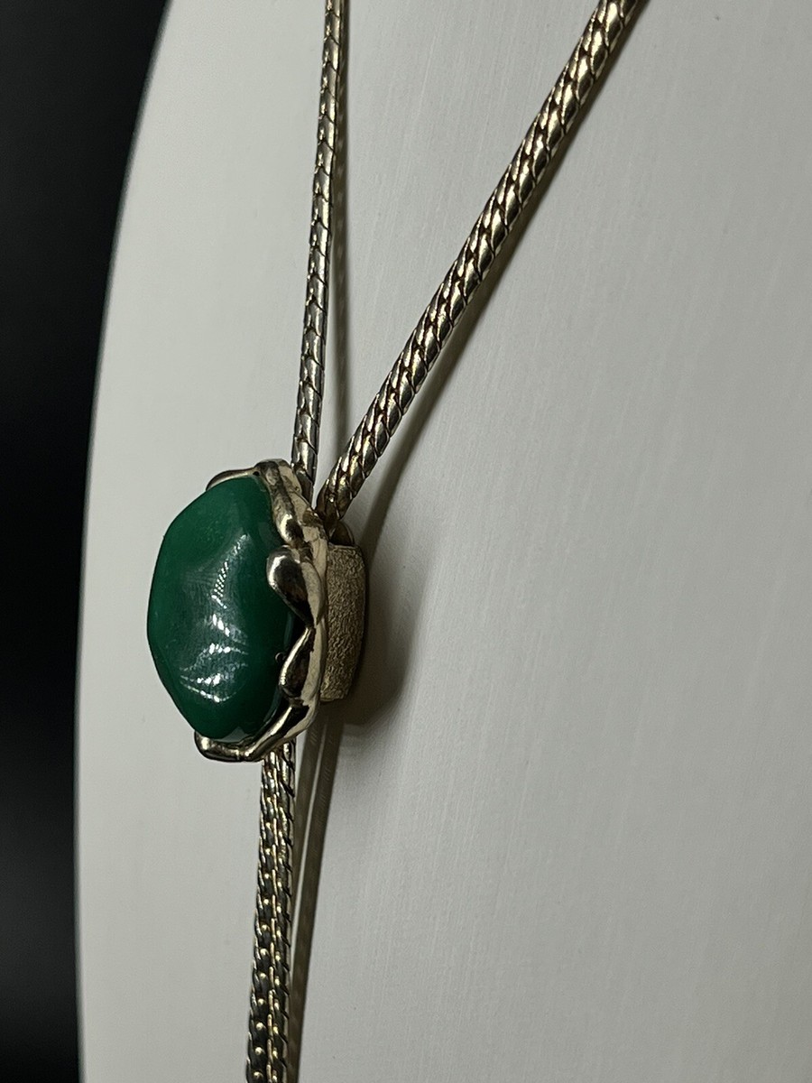 Vtg Gold Tone Snake Skin Lariat Bolo Necklace Adjustable Green Glass Cabochon