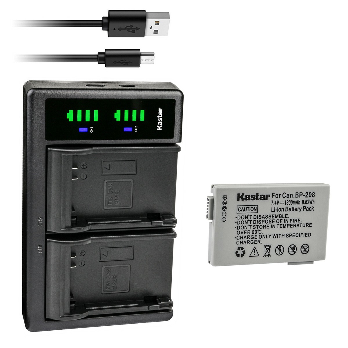 Kastar Battery LCD Charger for BP-208 BP208 BP-208DG & Canon