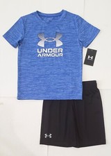 Boys Size 6 nike Under Armour Shirt  Shorts 2 Piece Blue  Black Logo Set NWT
