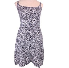 Old Navy Blue Floral Cami Mini  Dress Women's M Linen Blend Smocked Back Pockets