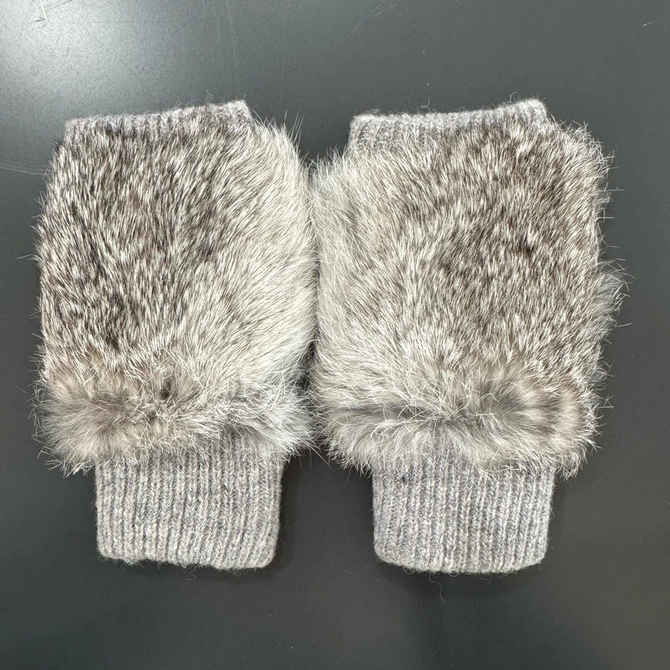 ADRIENNE LANDAU Silver Gray Rabbit Fur Wool Fingerless Gloves Mittens - Image 2 of 4