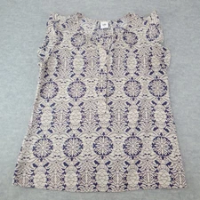 CAbi Blouse Tunic Top Cap Sleeve Multicolor Print V Neck Snaps Womens L