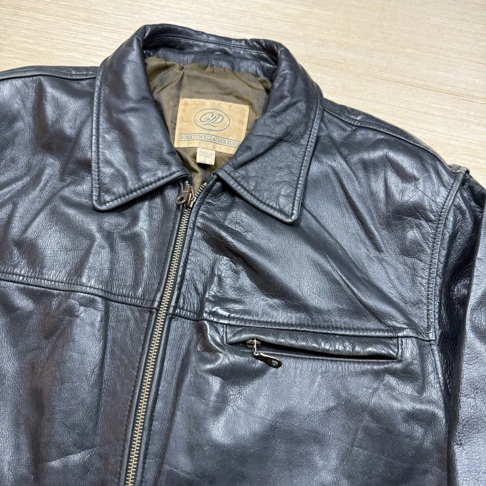 Georgetown Leather Design Aviator Jacket Vintage 90s Buckled Large Biker Racer - Image 2 of 4