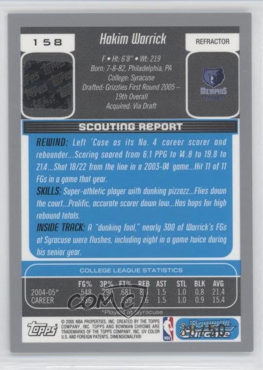 2005 Bowman Draft Chrome Refractor 38/50 Hakim Warrick #158 Rookie Auto RC gp3