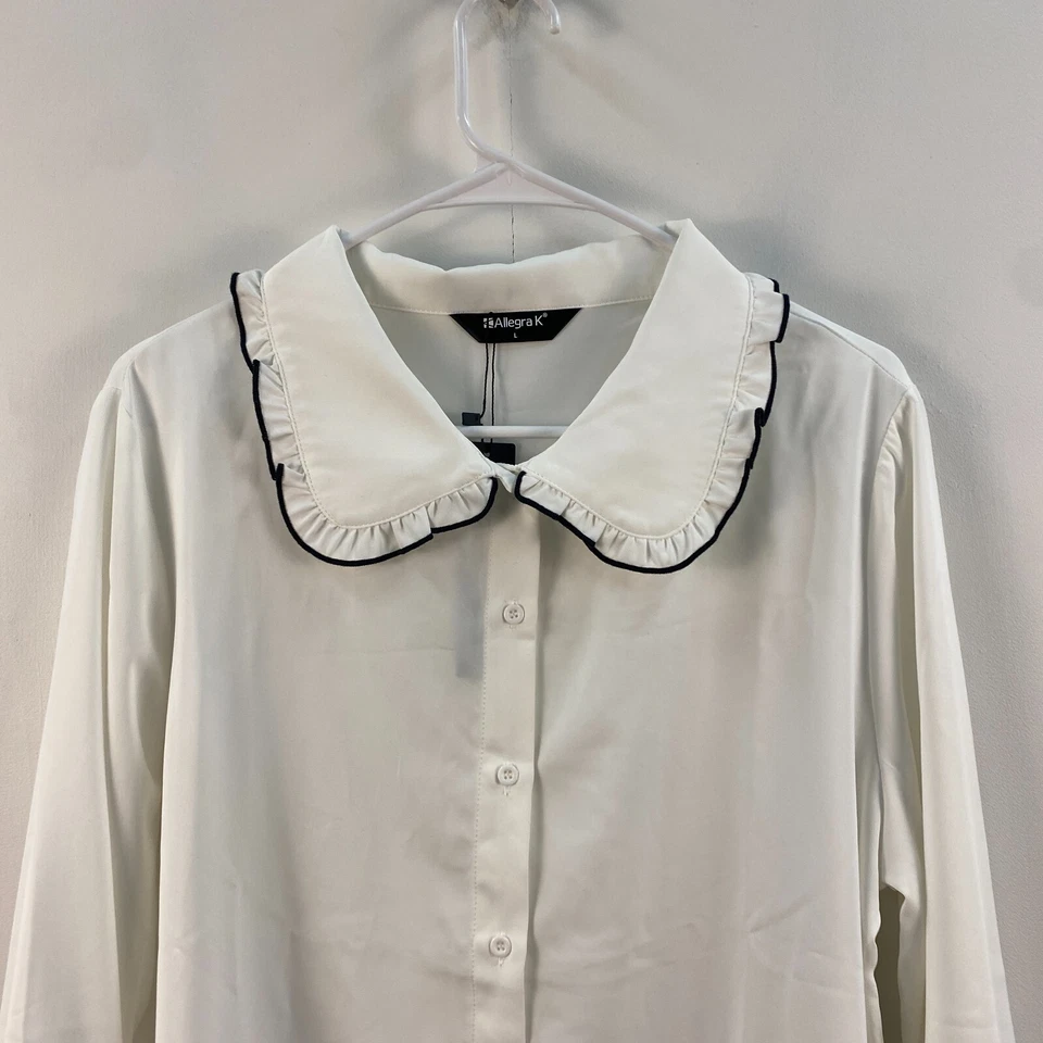 Blusa túnica Allegra K feminina grande gola longa botão tecido branco - Imagem 2 de 4
