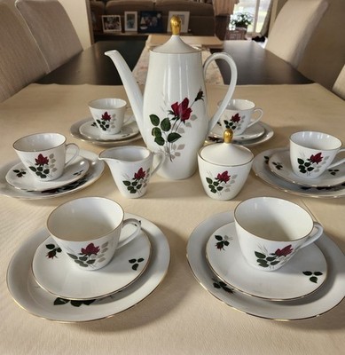 23 Pc Seltmann Weiden Bavaria Tea Set Red Rose Gold Trim West Germany Vintage...