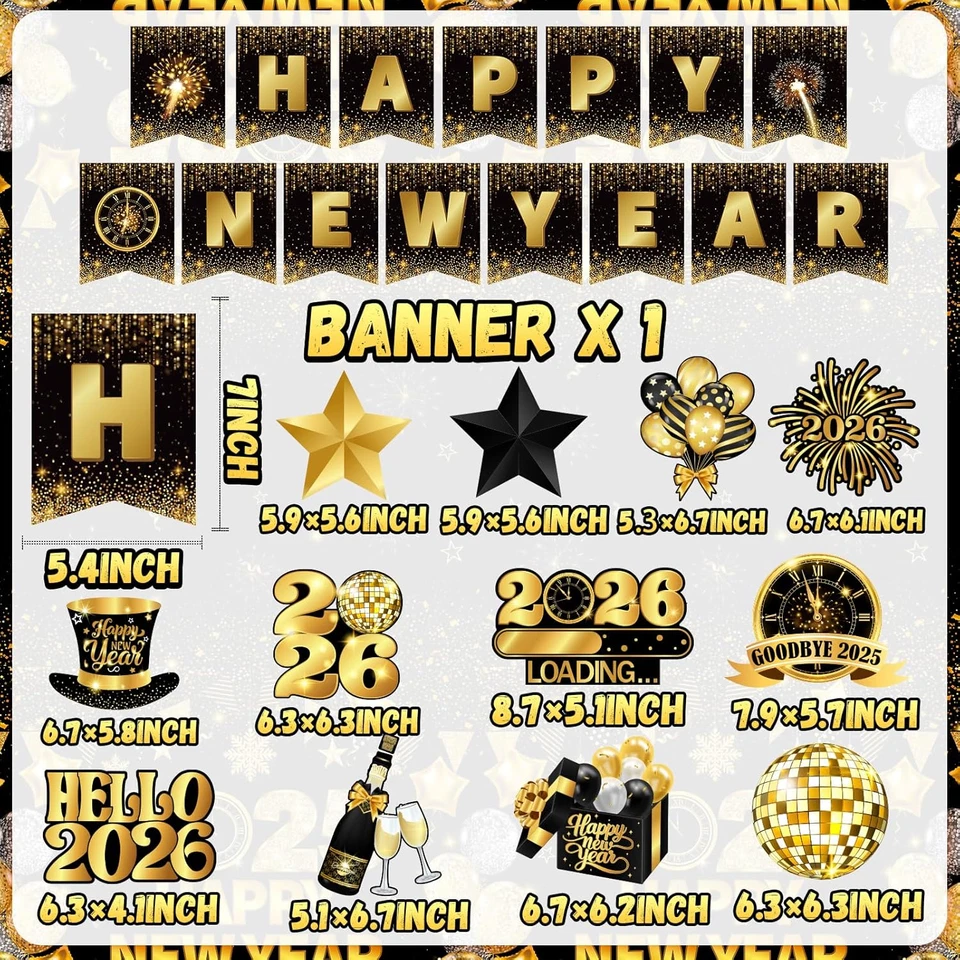 Decoraciones Feliz Año Nuevo 2026, Banner Feliz Año Nuevo Dorado Negro y Año Nuevo  Foto 4 de 4