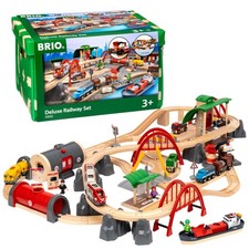 87-Piece Wooden Train Set with Passenger  Freight Trains, Stations, Access