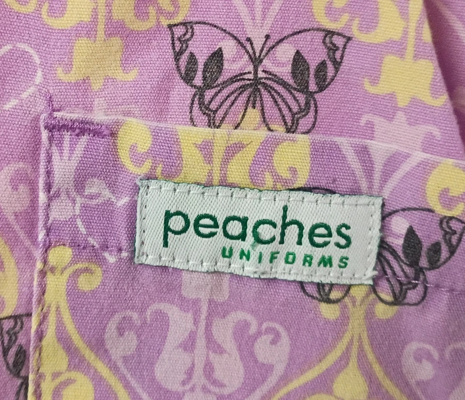 Peaches Scrub Top Purple Yellow Blk W/ Butterflies Tie In Back At Waist Sz S - Image 2 of 4