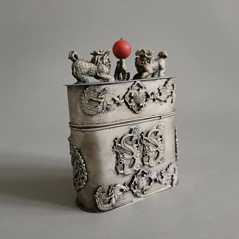 Exquisita caja de palillos de dientes antigua china Tíbet plateada tallada a mano dragón fénix 9049 Foto 3 de 4