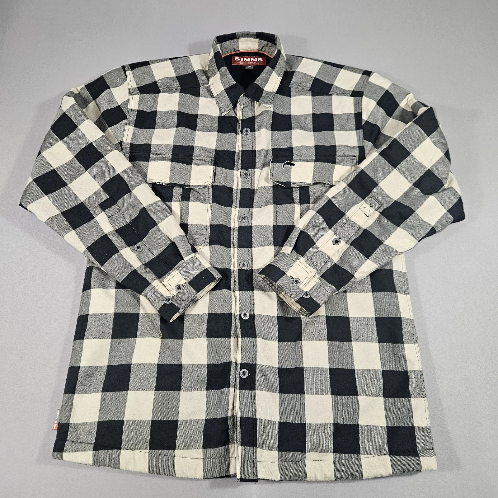 Simms Shacket Flannel Shirt Jacket Men's Small Thermal Lined Gray Plaid Fishing