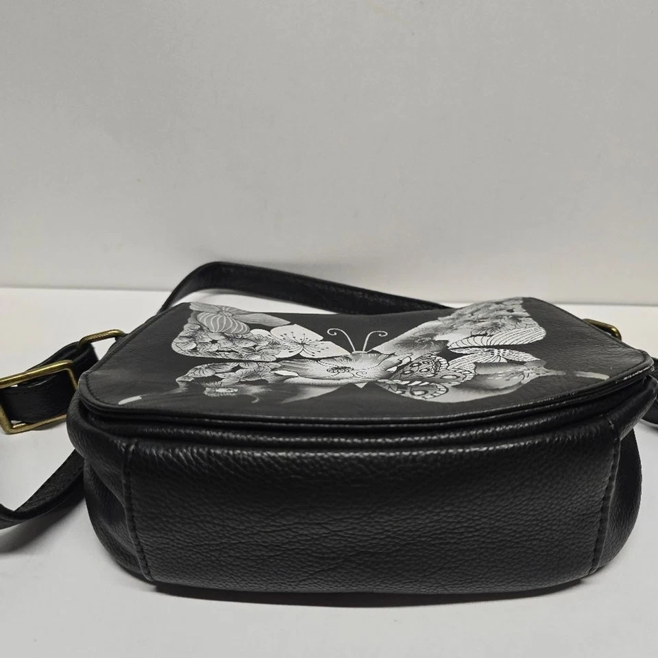 Bolso Bandolera Anna By Anuschka Mariposa Pintado a Mano Cuero Negro Sillín Solapa Foto 4 de 4