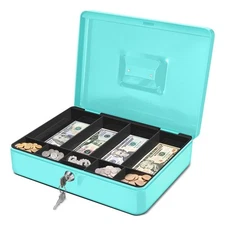 Blue Cash Box with Money Tray, 2 Keys, Lock Box w/ Removable 9 Compartment
