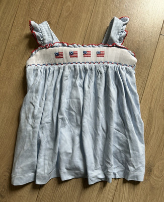Petit Bébé Girls 2 Blue Gingham Smocked American Flag Sundress Bow Ruffle
