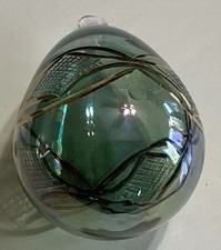 Christmas Ornament Hand Blown Glass Egg Shape Raised Gold Designs Green Tint