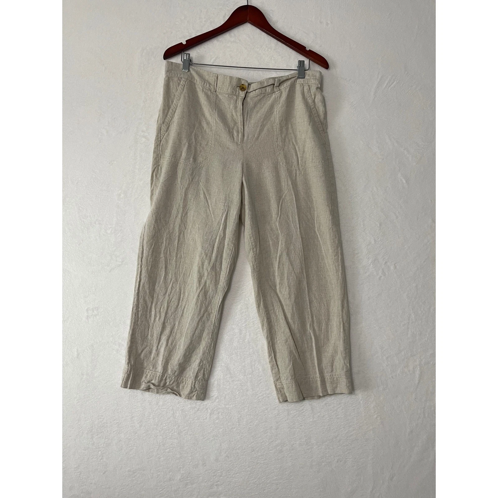 Talbots Womens Linen Cotton Cropped Pants Beige Sz 14 Neutral Preppy Lagenlook