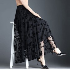 Women's Long Mesh Tulle Skirt Flocking Floral Pleated 3 Layer A-Line Tutu Skirt