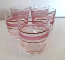 Vintage Liqueur Cordial Glasses Pink & Gold Stripe Set of 5 Round Bottom 2" 