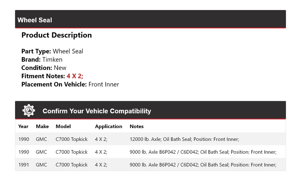 Para GMC C7000 1990-1991 Topkick 4 X 2 ruedas sello interior delantero Timken Foto 2 de 4
