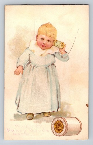 Victorian Trade Card J.P. Coats Child Telephone Thread Sewing Bath ME 2.5" x 4"