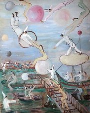 MARIO CORTIELLO titolo "PULICINELLA ACROBATA", anno 1979, olio su tela cm 50x40