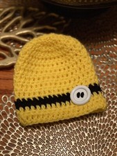 Baby beanie infant hat handmade crochet size 0-6 yellow black stripe button