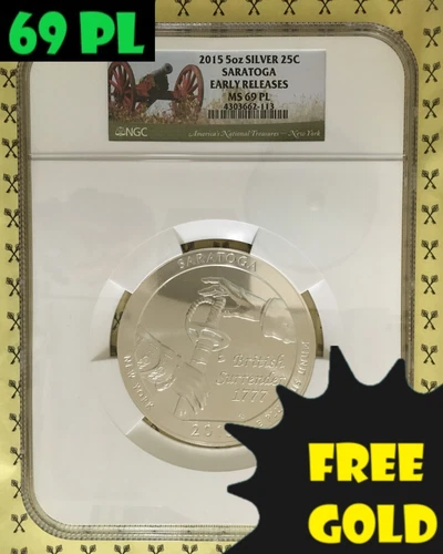 2015 Saratoga 5 Oz SILVER Quarter NGC MS 69 Prooflike ER with FREE GOLDBACK*