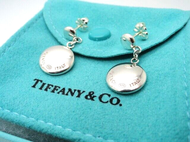 Tiffany Sterling Silver 3D Round Disc Drop Dangle Earrings
