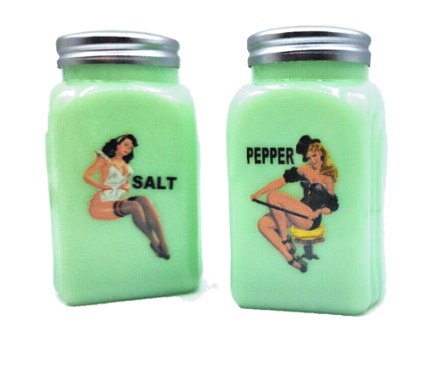 JADEITE GREEN 1950's STYLE PIN-UP GIRLS GLASS SALT & PEPPER SHAKERS RETRO JARS - Picture 8 of 12