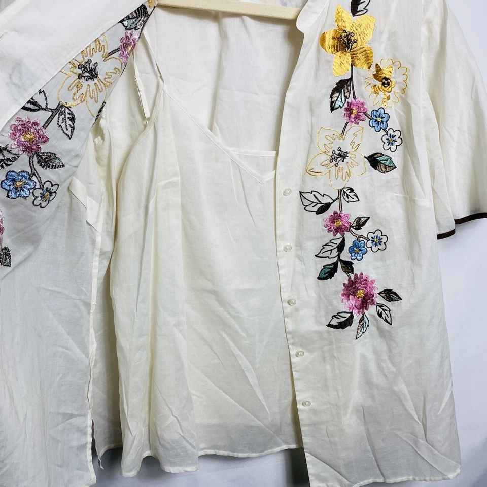 Blusa y camiseta sin mangas vintage bordadas con flores para mujer 2 piezas talla 16 marfil Foto 3 de 4