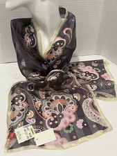 Vintage ANNE KLEIN Old Rose Brown Striped Paisley Print 100 Fine Silk Scarf