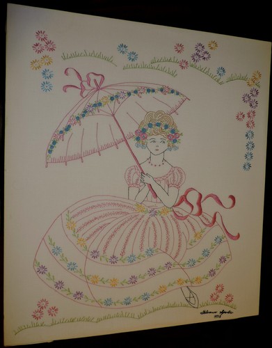 Stickerei Hand Southern Belle Blumen Regenschirm rosa blau 27 x 23 1/2 montiert - Bild 5 von 17