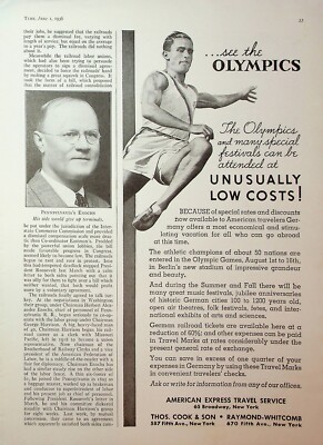 Original 1936 American Express Travel Service Ad: Olympics; Low Costs