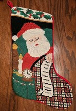 17" Wool Needlepoint Christmas Stocking Santa Claus Sleeping w List Red Velvet