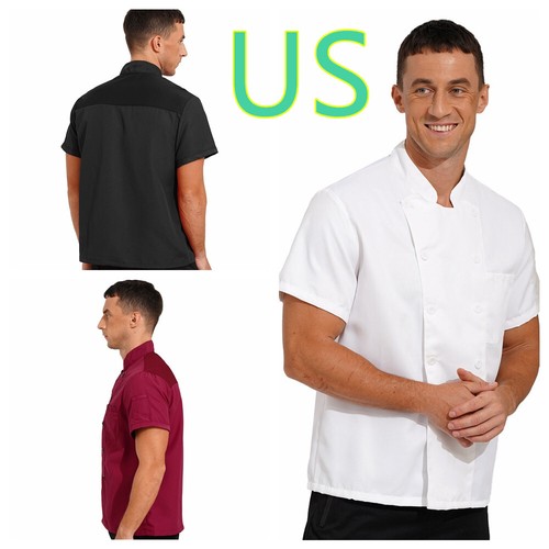 ~Unisex Chef Coat Jackets Short Sleeve Kitchen Restaurant Hotel Work Uniform - Picture 4 of 30