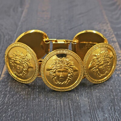 VERSACE Gold Plated Medusa Round Charm Chain Bracelet Bangle #892c Rise-on