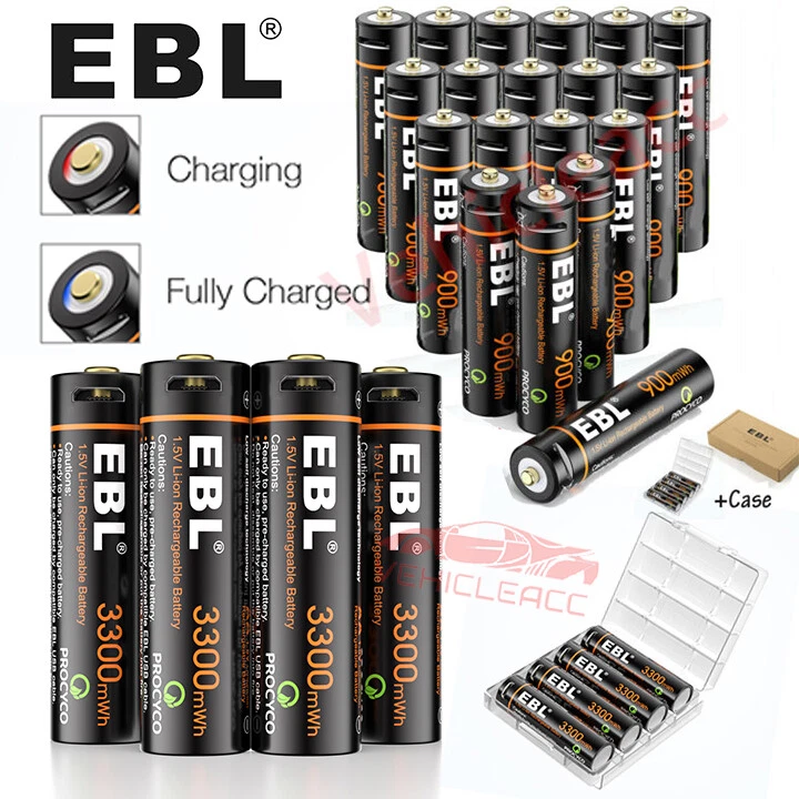 EBL AA AAA Rechargeable Lithium Li-ion Batteries / USB 1.5V Battery w/  Cable Lot