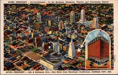 Hotel President Kansas City MO Aerial View Linen Postcard 1937 Colortone