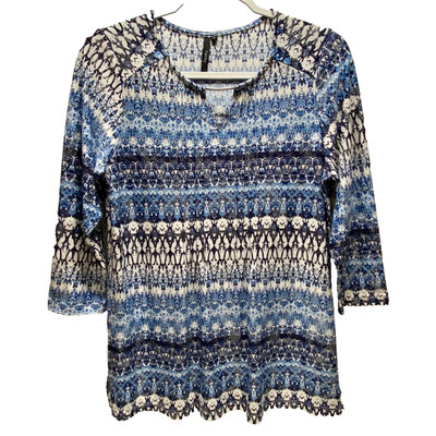 Cathy Blouse Women's Small Blue Multicolor Shimmer 3/4 Sleeve Lightweight NWOT