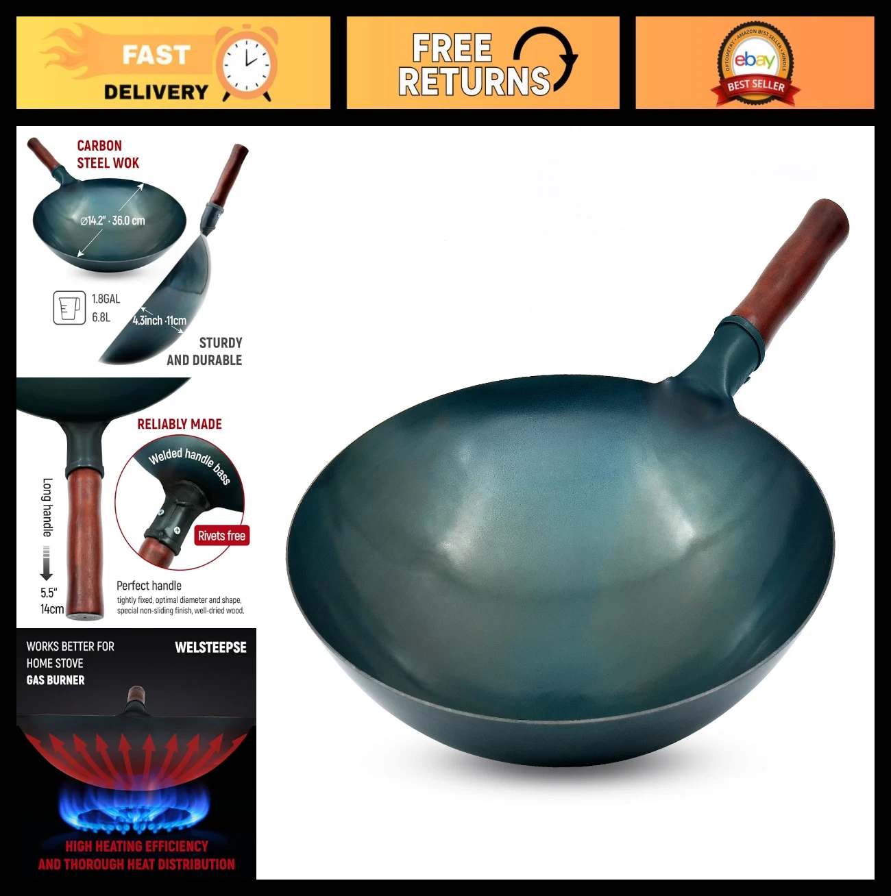 Hand Hammered 14" Carbon Steel Wok - Traditional Round Bottom, Roasted Blue Fini