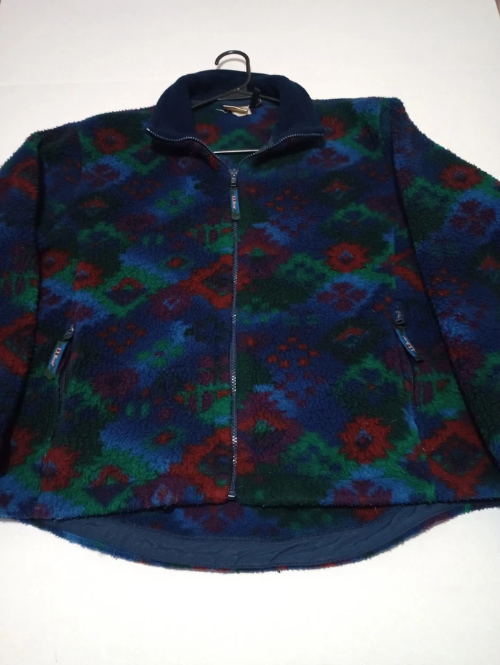 LL Bean Vintage Vellón Cremallera Completa Años 90 Geométrico Púrpura Azul Estampado Mujer XL EE. UU. Foto 2 de 4