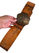 VTG Chicos Leather Embossed Floral Belt Conch Style Ornate Buckle Western Boho