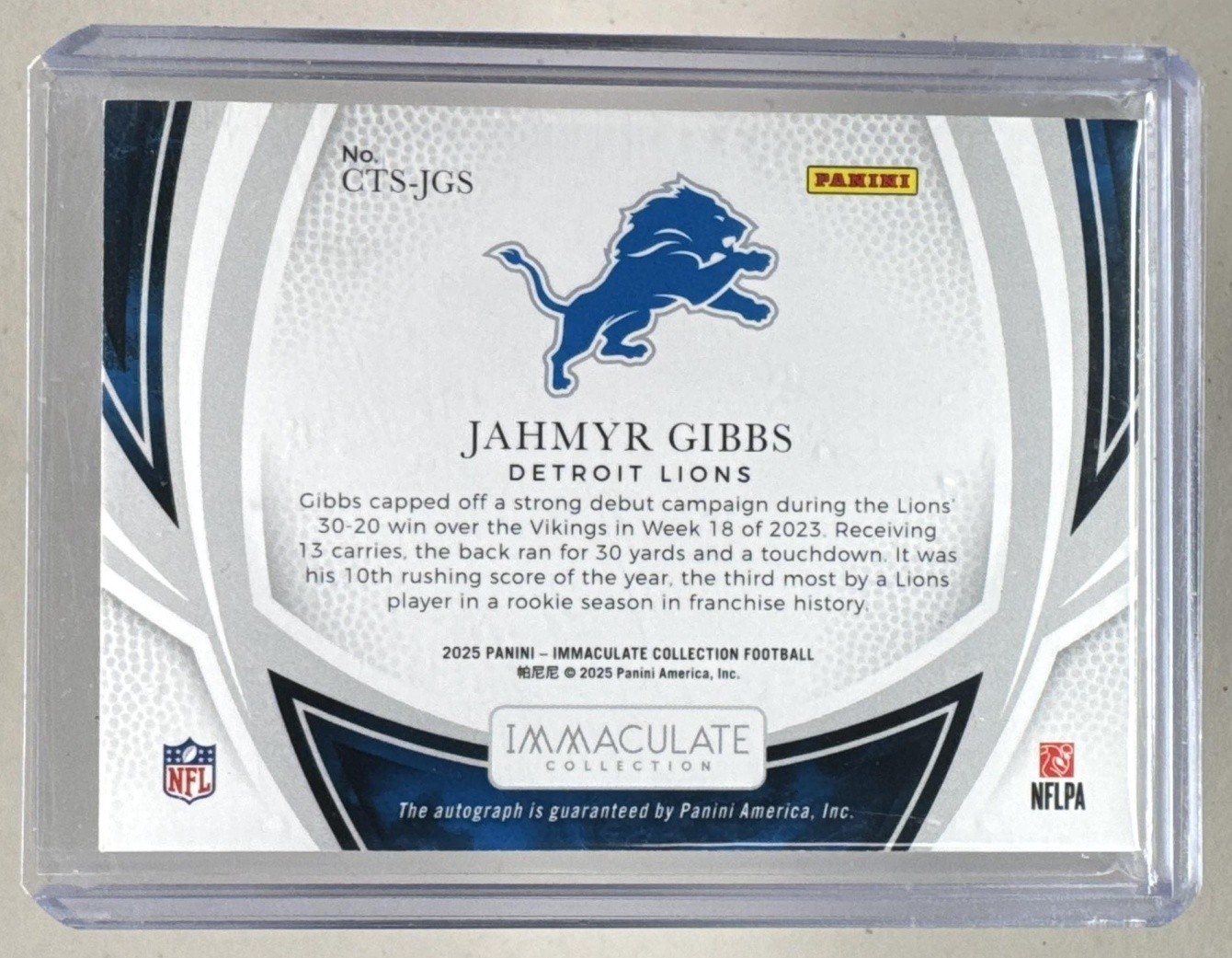 Jahmyr Gibbs 2025 Panini Immaculate #CTS-JGS Clutch Time Auto /99 view 2