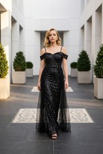 Black Sequin Formal/Prom Evening Gown Tulle Overlay Sleeveless Elegant Maxi