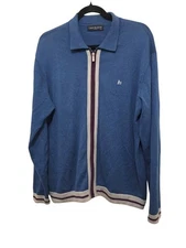 Carte Blanche Paris Men's Blue Full-Zip Sweater Striped Trim & Collar Size L