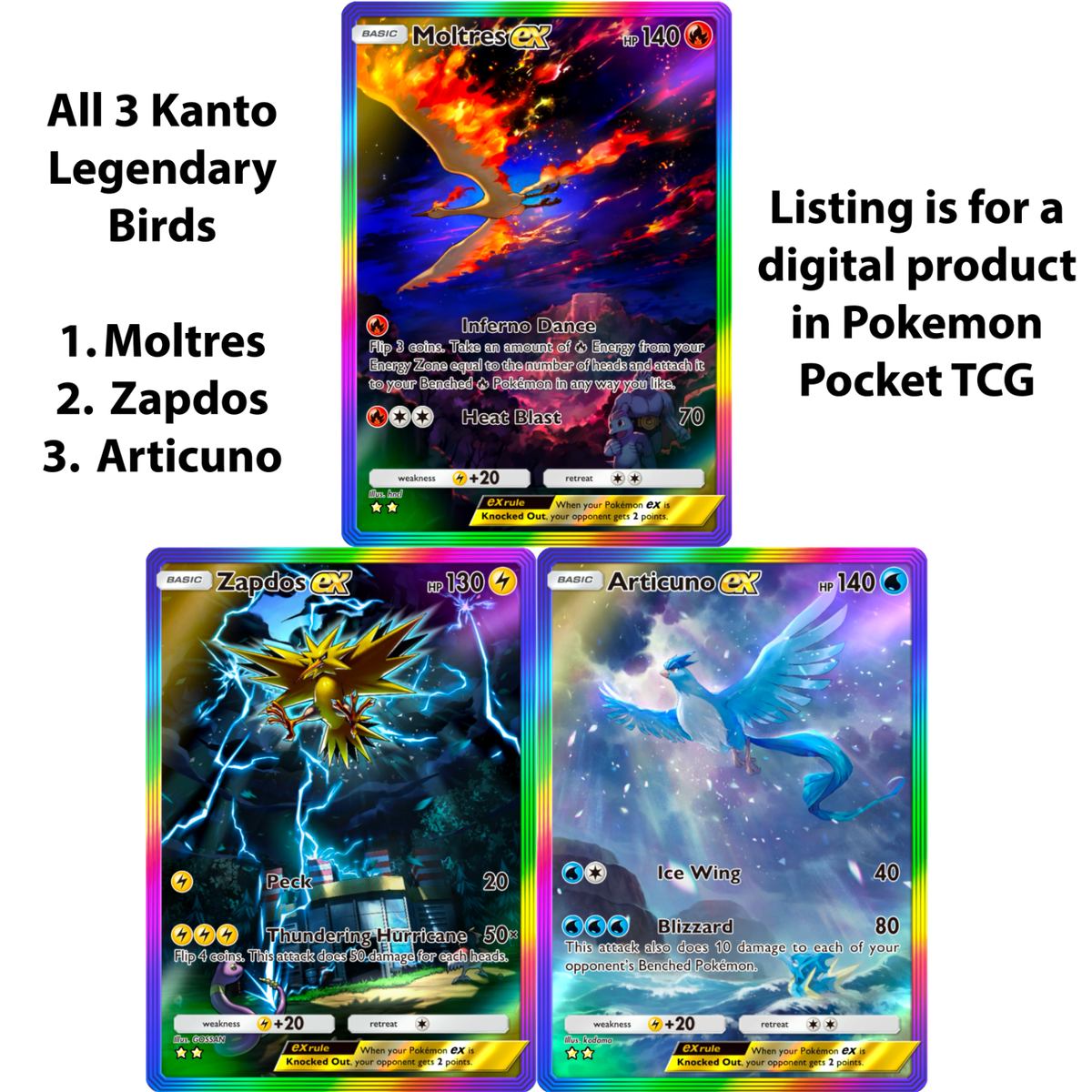 Pokemon Pocket TCG Card 2 Star Full Art Rainbow Zapdos Moltres