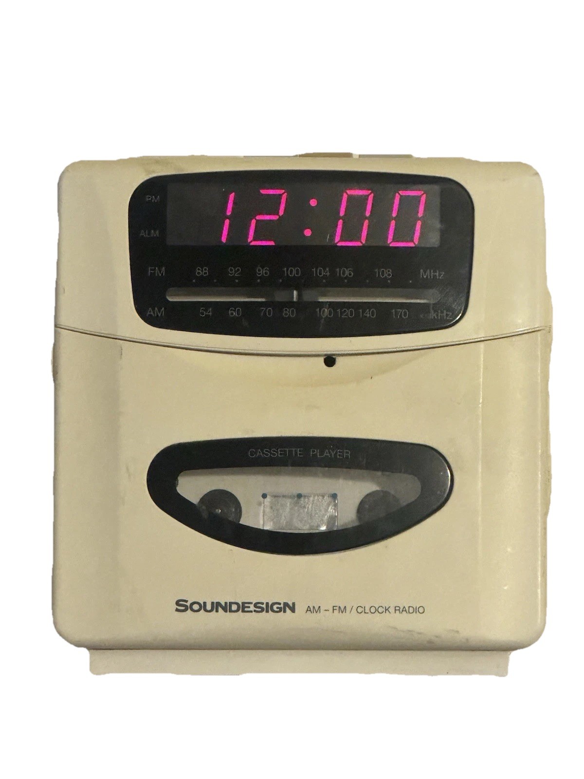 Soundesign 3818W AM/FM Radio Alarm Clock White W/Red LED Cassette Tape Player